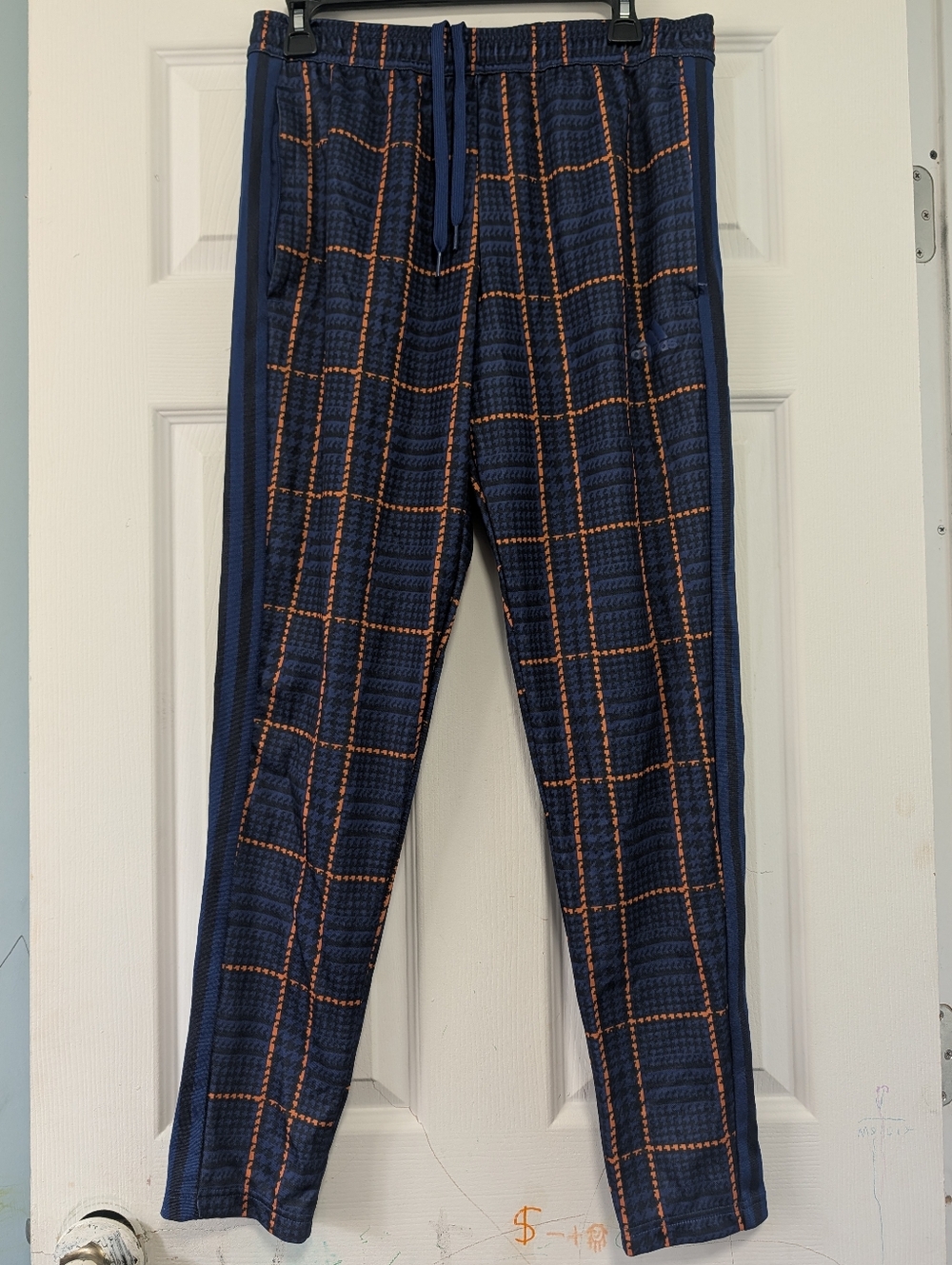 Adidas Men's Navy Blue Track Pants with Orange Windowpane Zize M